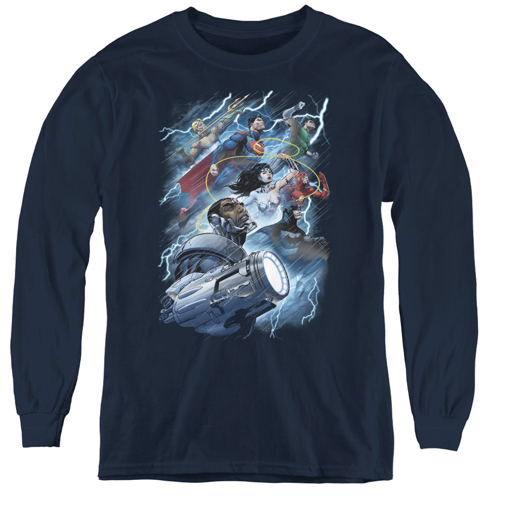AN OFFCIALLY LICENSED JLA RIDE THE LIGHTENING YOUTH LONG SLEEVE T-SHIRT NAVY
