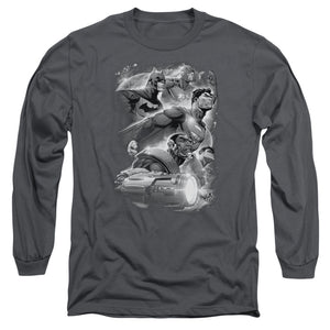 AN OFFCIALLY LICENSED JLA ATMOSPHERIC MEN'S LONG SLEEVE T-SHIRT CHARCOAL