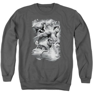 AN OFFCIALLY LICENSED JLA ATMOSPHERIC ADULT UNISEX CREWNECK SWEATSHIRT CHARCOAL