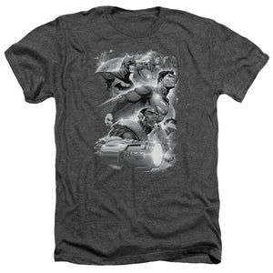 AN OFFCIALLY LICENSED JLA ATMOSPHERIC MEN'S HEATHER T-SHIRT CHARCOAL