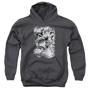 AN OFFCIALLY LICENSED JLA ATMOSPHERIC YOUTH HOODIE CHARCOAL