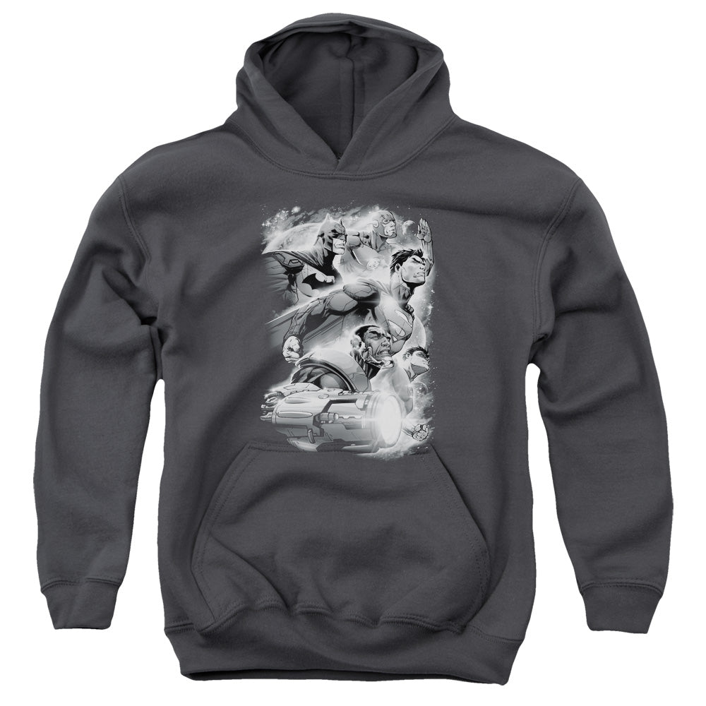 AN OFFCIALLY LICENSED JLA ATMOSPHERIC YOUTH HOODIE CHARCOAL
