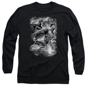 AN OFFCIALLY LICENSED JLA ATMOSPHERIC MEN'S LONG SLEEVE T-SHIRT BLACK