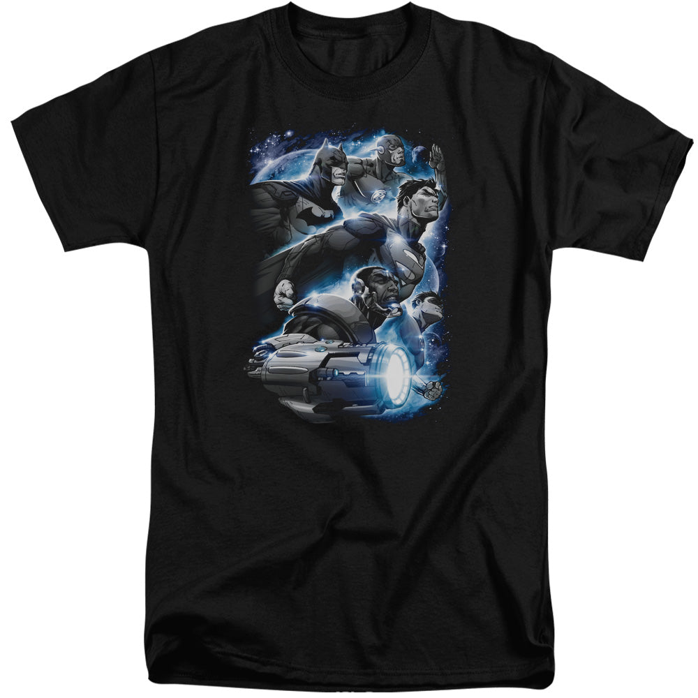 AN OFFCIALLY LICENSED JLA ATMOSPHERIC MEN'S TALL FIT T-SHIRT BLACK