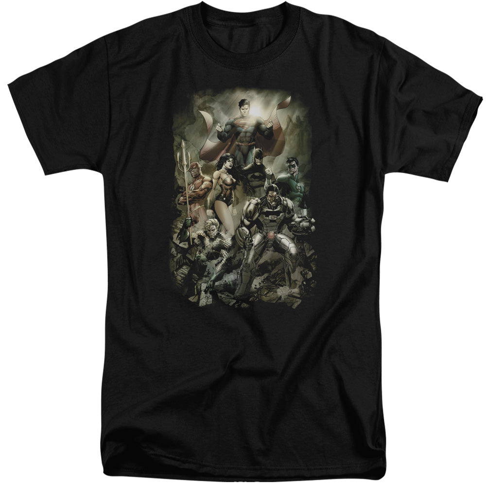 AN OFFCIALLY LICENSED JLA AFTERMATH MEN'S TALL FIT T-SHIRT BLACK