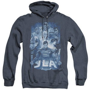 AN OFFCIALLY LICENSED JLA BURST ADULT UNISEX HEATHER PULLOVER HOODIE NAVY