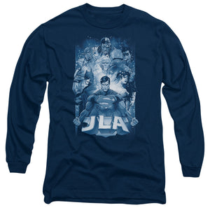 AN OFFCIALLY LICENSED JLA BURST MEN'S LONG SLEEVE T-SHIRT NAVY