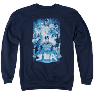AN OFFCIALLY LICENSED JLA BURST ADULT UNISEX CREWNECK SWEATSHIRT NAVY