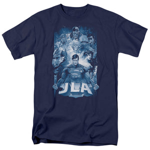 AN OFFCIALLY LICENSED JLA BURST MEN'S REGULAR FIT T-SHIRT NAVY