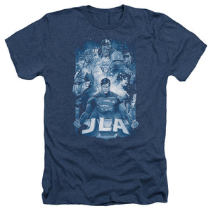 AN OFFCIALLY LICENSED JLA BURST MEN'S HEATHER T-SHIRT NAVY