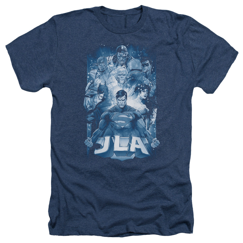 AN OFFCIALLY LICENSED JLA BURST MEN'S HEATHER T-SHIRT NAVY