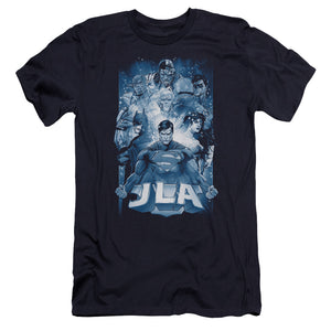 AN OFFCIALLY LICENSED JLA BURST MEN'S PREMIUM SLIM FIT T-SHIRT NAVY