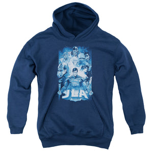 AN OFFCIALLY LICENSED JLA BURST YOUTH HOODIE NAVY