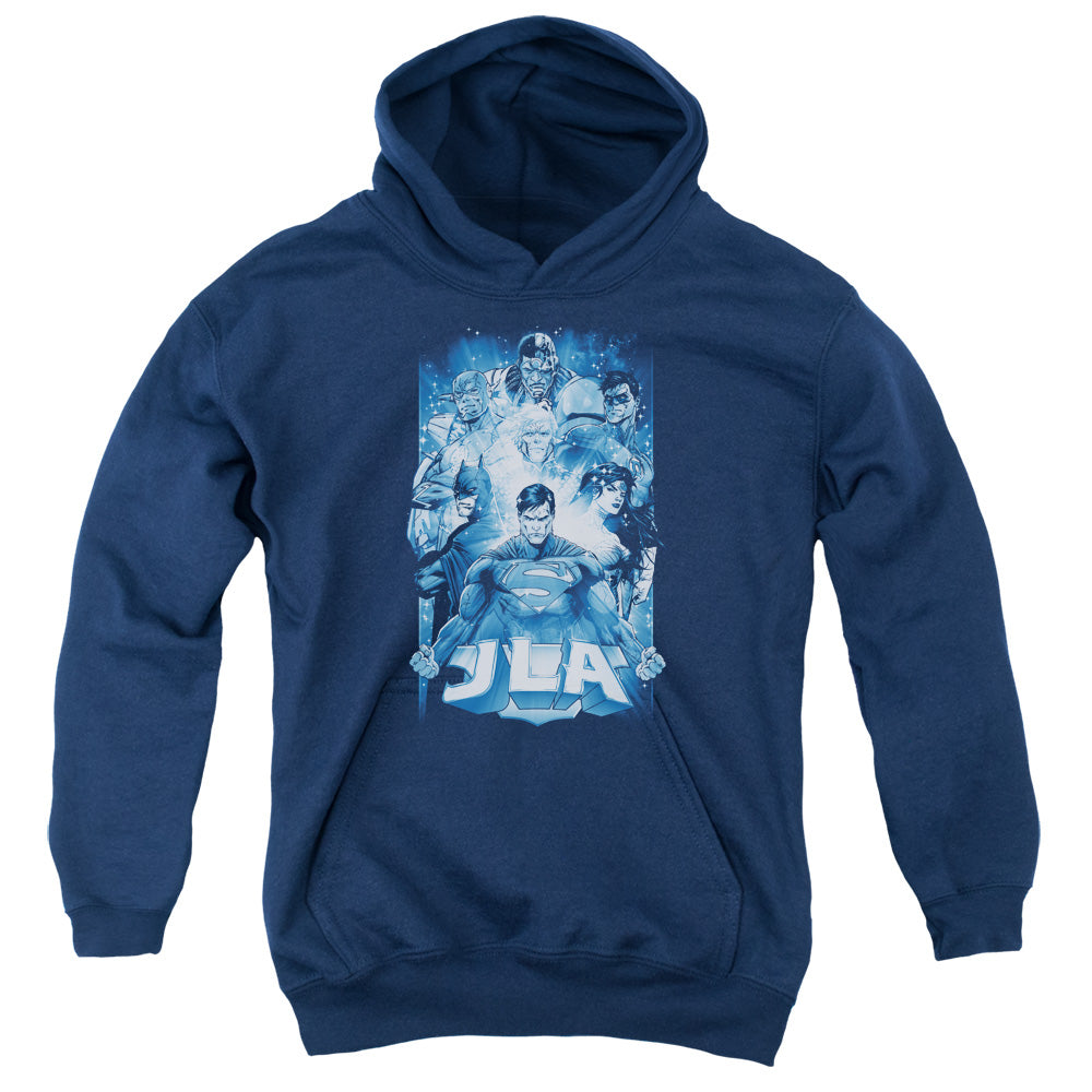 AN OFFCIALLY LICENSED JLA BURST YOUTH HOODIE NAVY