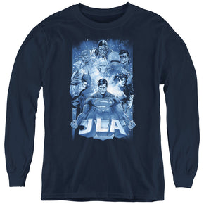 AN OFFCIALLY LICENSED JLA BURST YOUTH LONG SLEEVE T-SHIRT NAVY