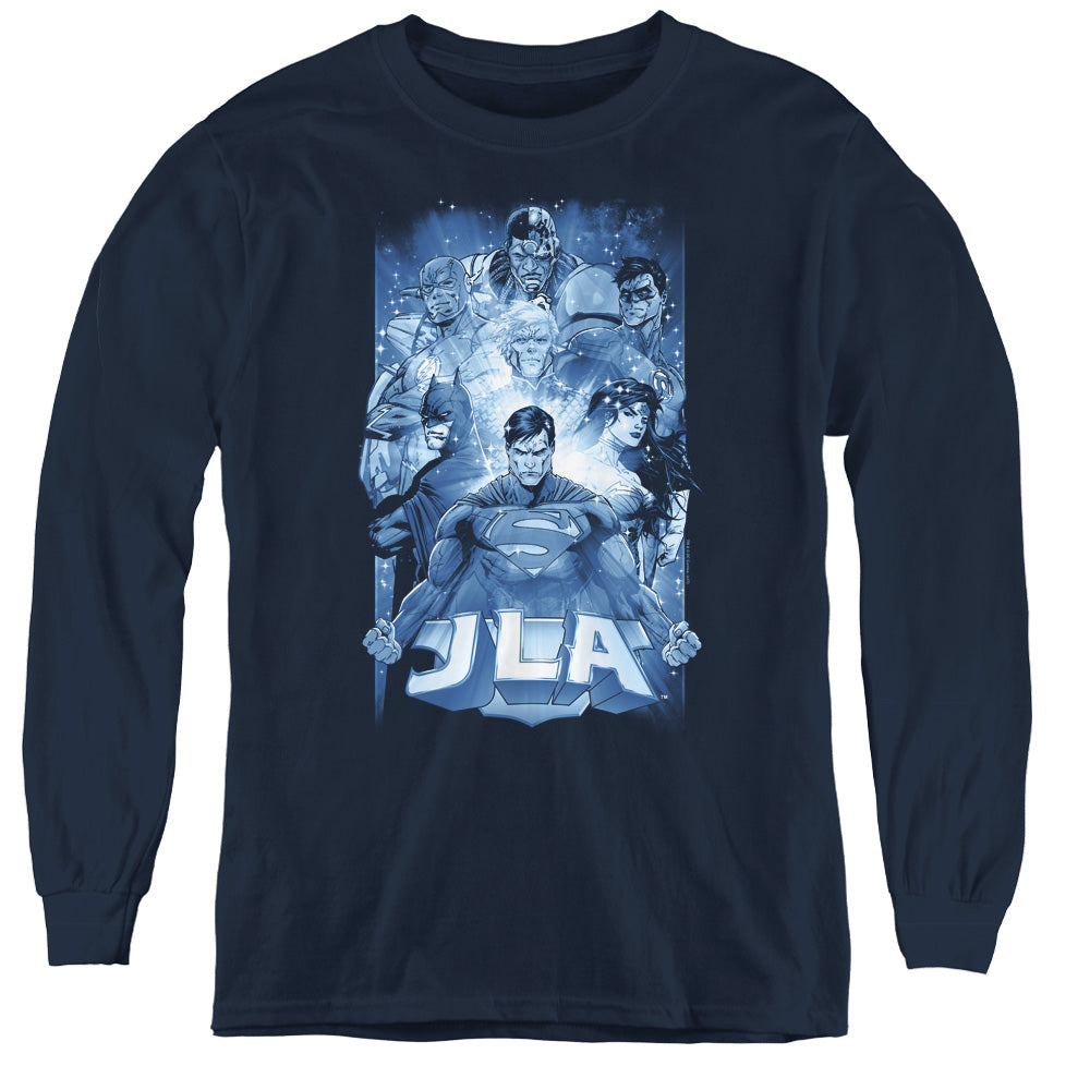 AN OFFCIALLY LICENSED JLA BURST YOUTH LONG SLEEVE T-SHIRT NAVY