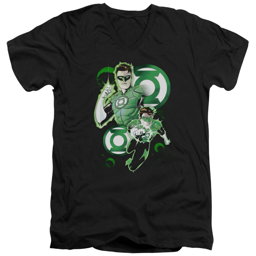 AN OFFCIALLY LICENSED JLA GL IN ACTION MEN'S V-NECK T-SHIRT BLACK