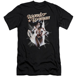 AN OFFCIALLY LICENSED JLA WW BREAK OUT MEN'S PREMIUM SLIM FIT T-SHIRT BLACK