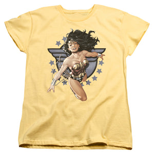 AN OFFCIALLY LICENSED JLA WW ALL STAR WOMEN'S REGULAR FIT T-SHIRT BANANA