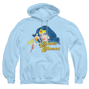 AN OFFCIALLY LICENSED JLA PORTRAIT ADULT UNISEX PULLOVER HOODIE LIGHT BLUE