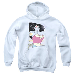 AN OFFCIALLY LICENSED JLA WW 80S MINIMAL YOUTH HOODIE WHITE