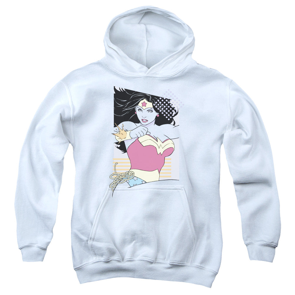 AN OFFCIALLY LICENSED JLA WW 80S MINIMAL YOUTH HOODIE WHITE
