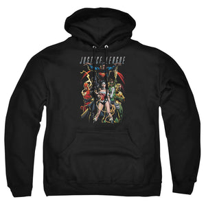 AN OFFCIALLY LICENSED JLA DARK DAYS ADULT UNISEX PULLOVER HOODIE BLACK