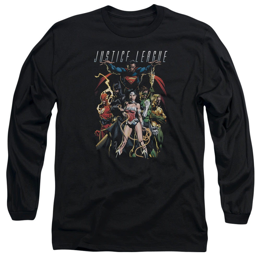 AN OFFCIALLY LICENSED JLA DARK DAYS MEN'S LONG SLEEVE T-SHIRT BLACK