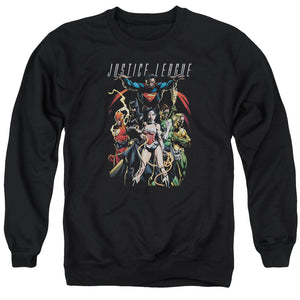 AN OFFCIALLY LICENSED JLA DARK DAYS ADULT UNISEX CREWNECK SWEATSHIRT BLACK