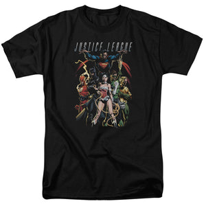 AN OFFCIALLY LICENSED JLA DARK DAYS MEN'S REGULAR FIT T-SHIRT BLACK