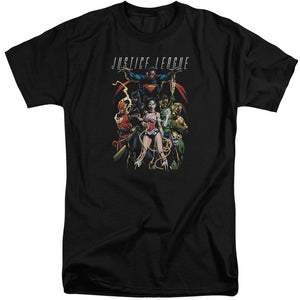 AN OFFCIALLY LICENSED JLA DARK DAYS MEN'S TALL FIT T-SHIRT BLACK