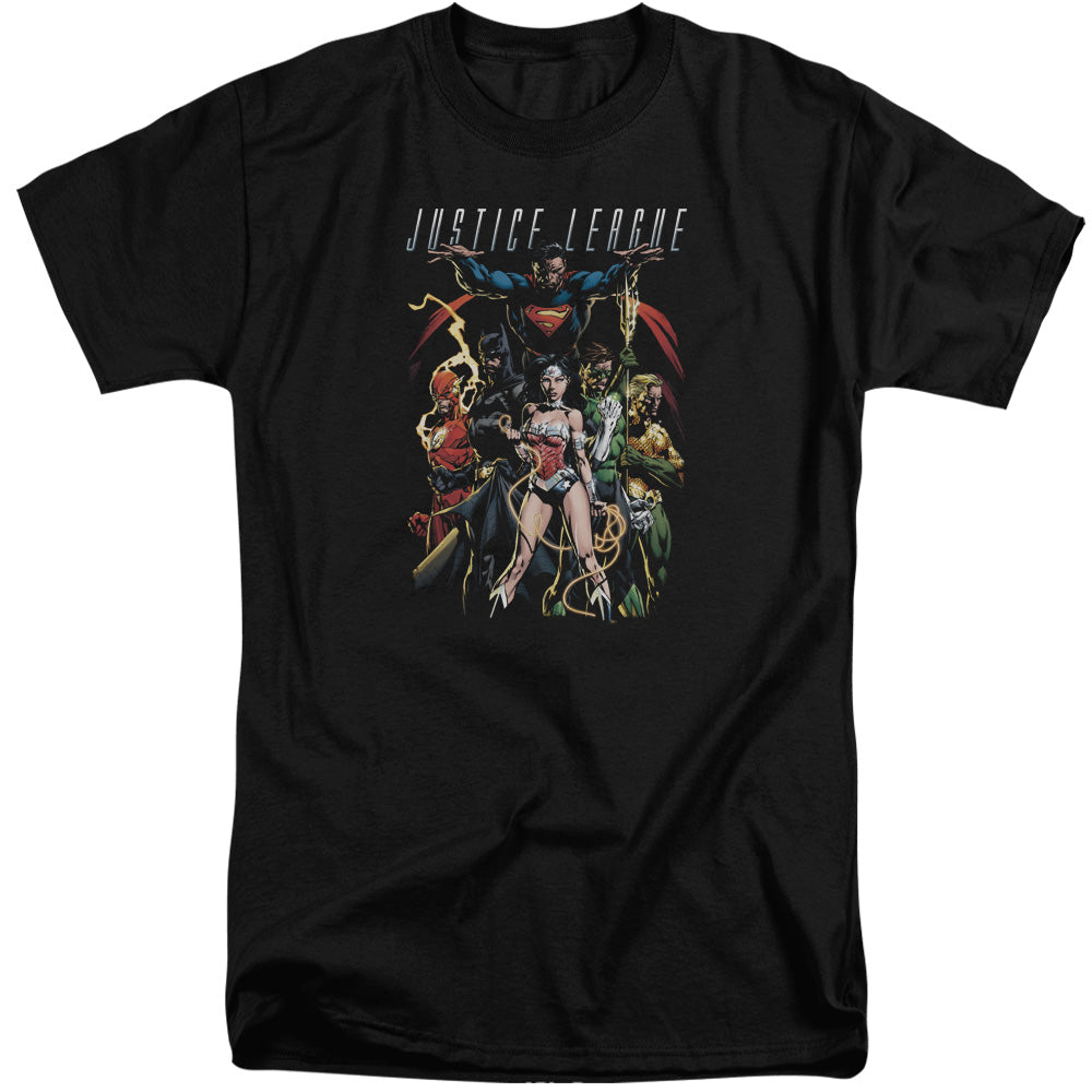 AN OFFCIALLY LICENSED JLA DARK DAYS MEN'S TALL FIT T-SHIRT BLACK