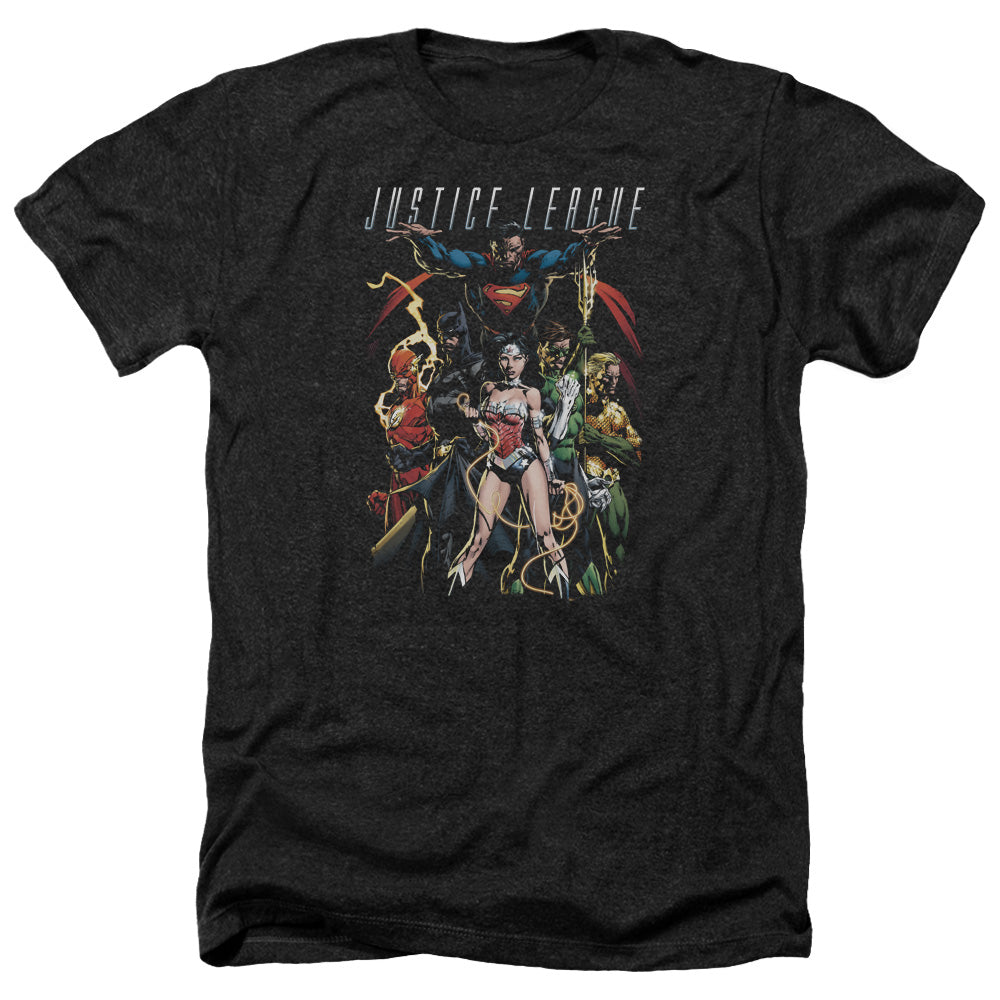 AN OFFCIALLY LICENSED JLA DARK DAYS MEN'S HEATHER T-SHIRT CHARCOAL