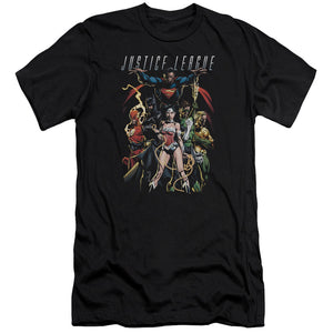 AN OFFCIALLY LICENSED JLA DARK DAYS MEN'S PREMIUM SLIM FIT T-SHIRT BLACK