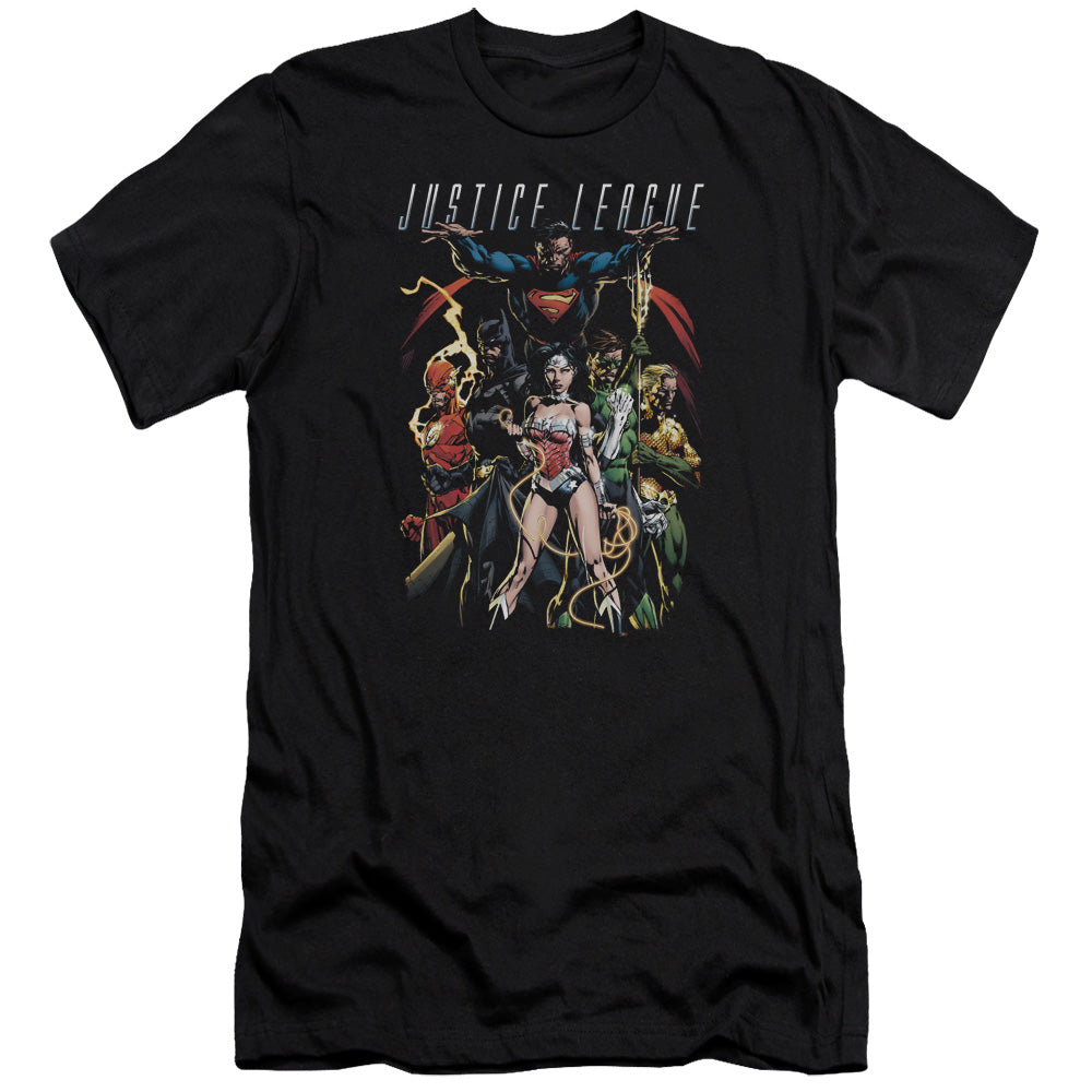 AN OFFCIALLY LICENSED JLA DARK DAYS MEN'S PREMIUM SLIM FIT T-SHIRT BLACK