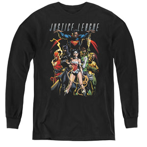 AN OFFCIALLY LICENSED JLA DARK DAYS YOUTH LONG SLEEVE T-SHIRT BLACK