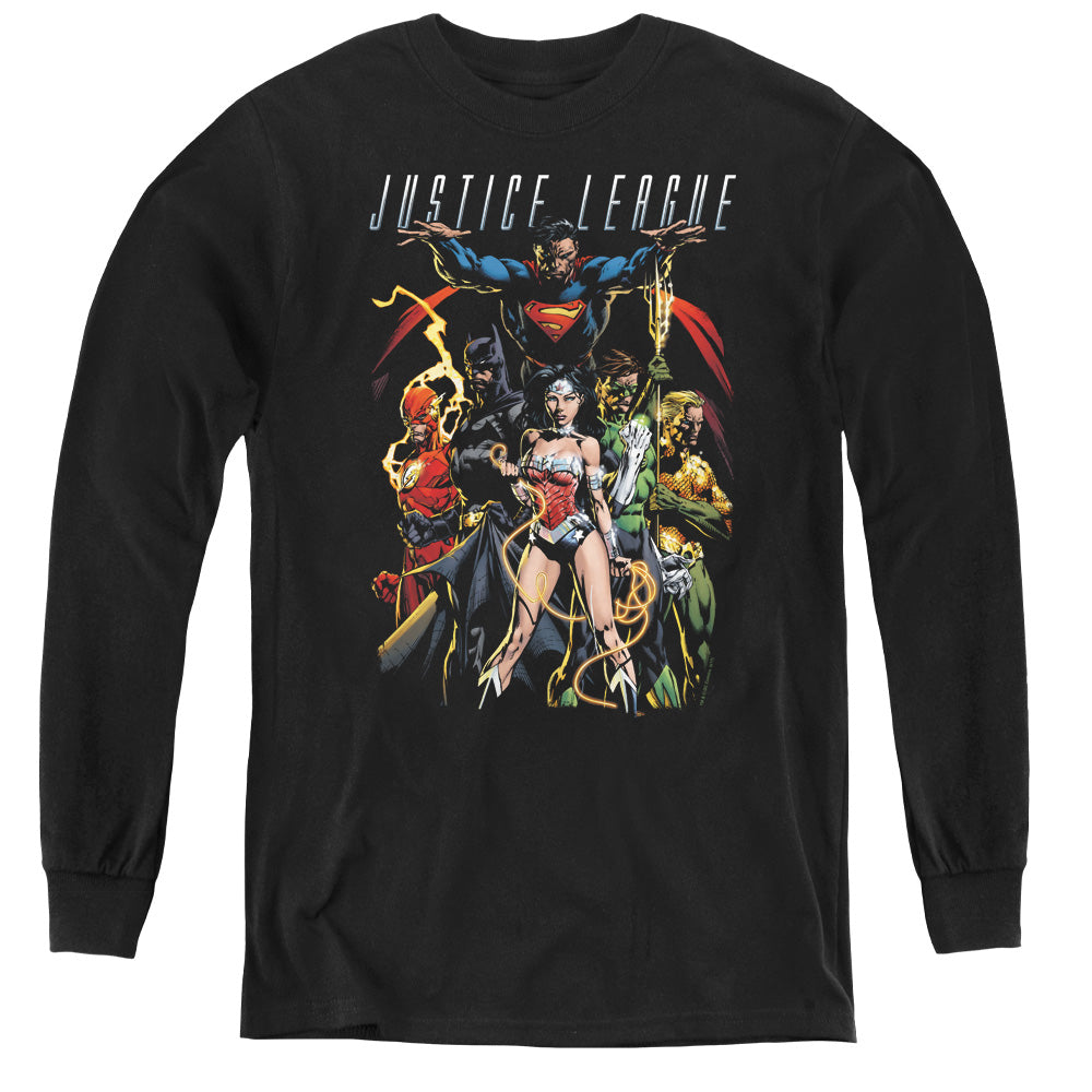 AN OFFCIALLY LICENSED JLA DARK DAYS YOUTH LONG SLEEVE T-SHIRT BLACK