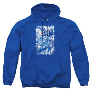 AN OFFCIALLY LICENSED JLA AMERICAN JUSTICE ADULT UNISEX PULLOVER HOODIE ROYAL