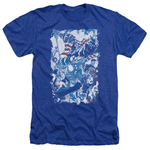 AN OFFCIALLY LICENSED JLA AMERICAN JUSTICE MEN'S HEATHER T-SHIRT ROYAL