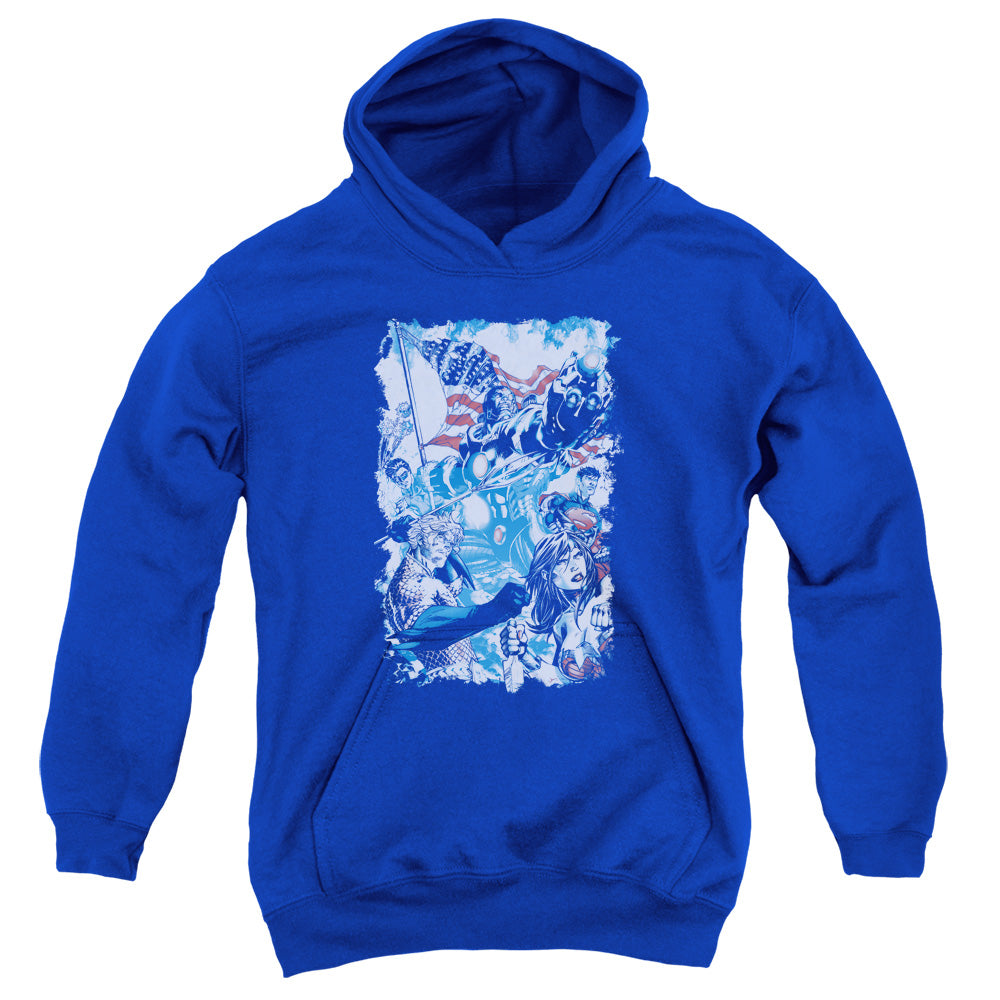AN OFFCIALLY LICENSED JLA AMERICAN JUSTICE YOUTH HOODIE ROYAL