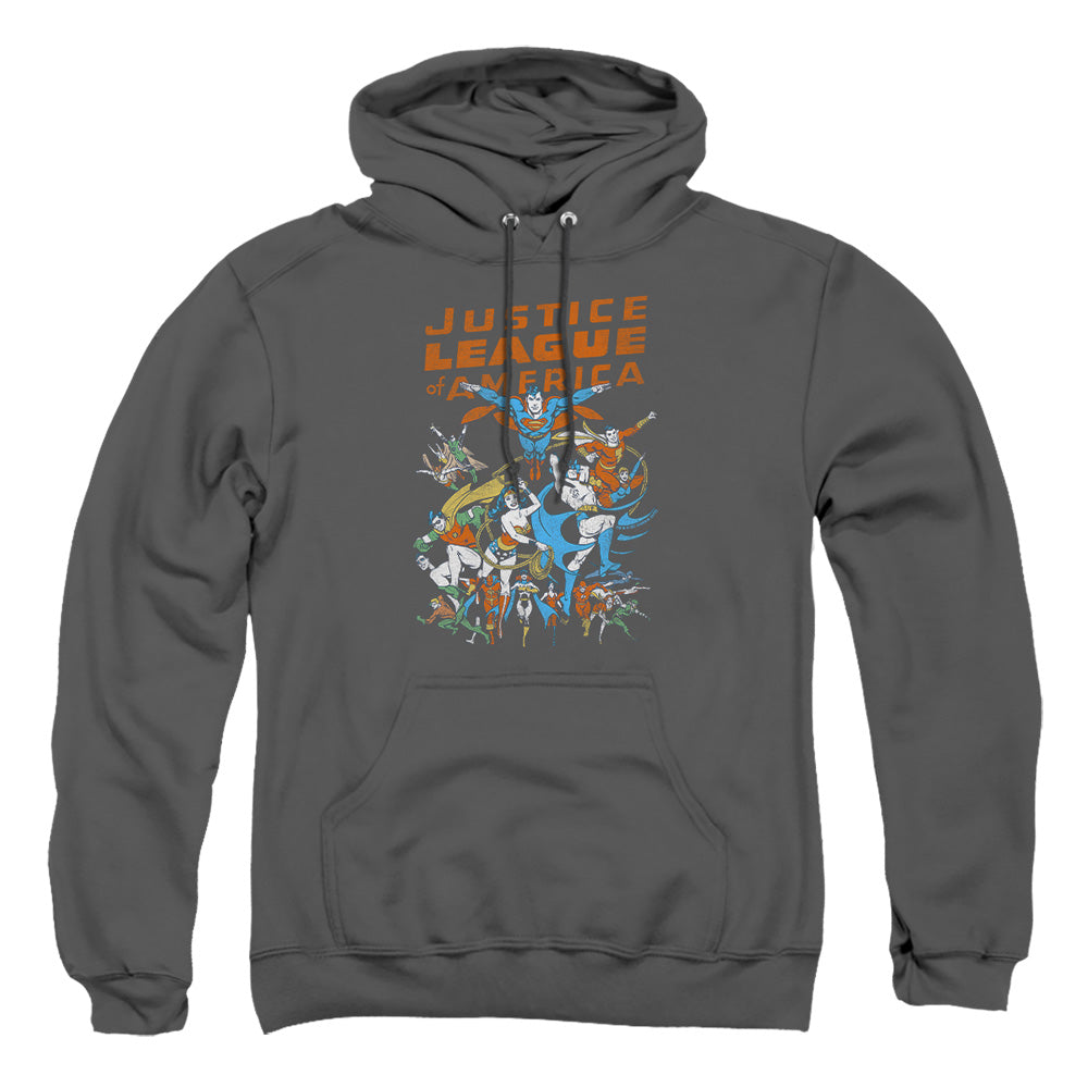 AN OFFCIALLY LICENSED JLA BIG GROUP ADULT UNISEX PULLOVER HOODIE CHARCOAL