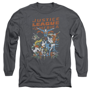 AN OFFCIALLY LICENSED JLA BIG GROUP MEN'S LONG SLEEVE T-SHIRT CHARCOAL