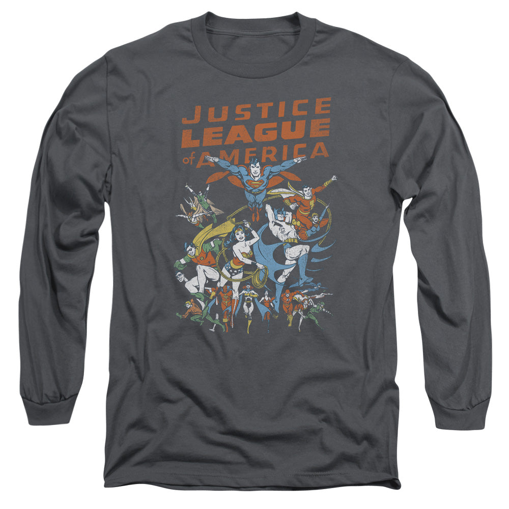 AN OFFCIALLY LICENSED JLA BIG GROUP MEN'S LONG SLEEVE T-SHIRT CHARCOAL