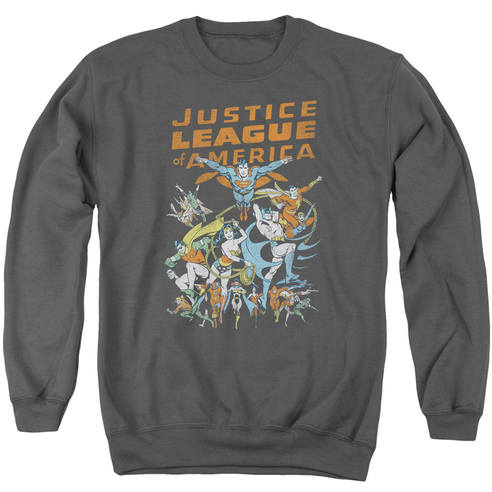 AN OFFCIALLY LICENSED JLA BIG GROUP ADULT UNISEX CREWNECK SWEATSHIRT CHARCOAL
