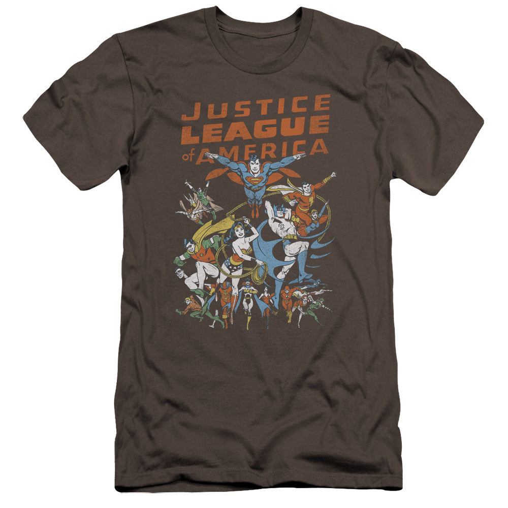 AN OFFCIALLY LICENSED JLA BIG GROUP MEN'S PREMIUM SLIM FIT T-SHIRT CHARCOAL