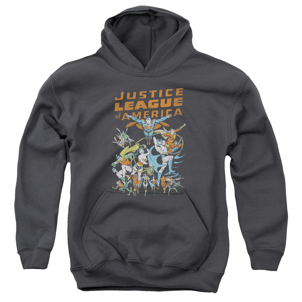 AN OFFCIALLY LICENSED JLA BIG GROUP YOUTH HOODIE CHARCOAL