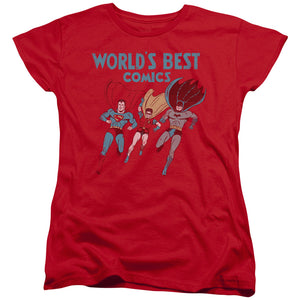 AN OFFCIALLY LICENSED JLA WORLDS BEST WOMEN'S REGULAR FIT T-SHIRT RED