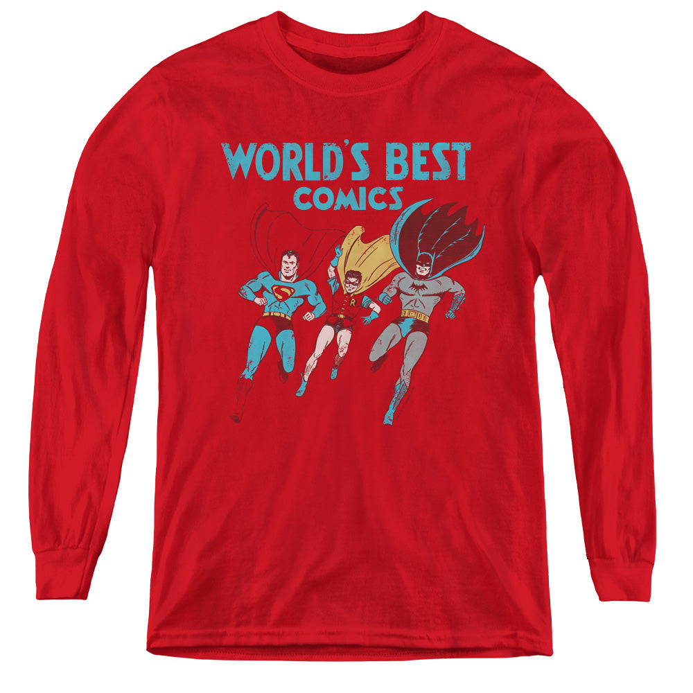 AN OFFCIALLY LICENSED JLA WORLDS BEST YOUTH LONG SLEEVE T-SHIRT RED
