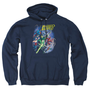 AN OFFCIALLY LICENSED JLA ONWARD ADULT UNISEX PULLOVER HOODIE NAVY