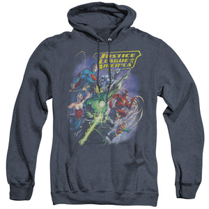 AN OFFCIALLY LICENSED JLA ONWARD ADULT UNISEX HEATHER PULLOVER HOODIE NAVY